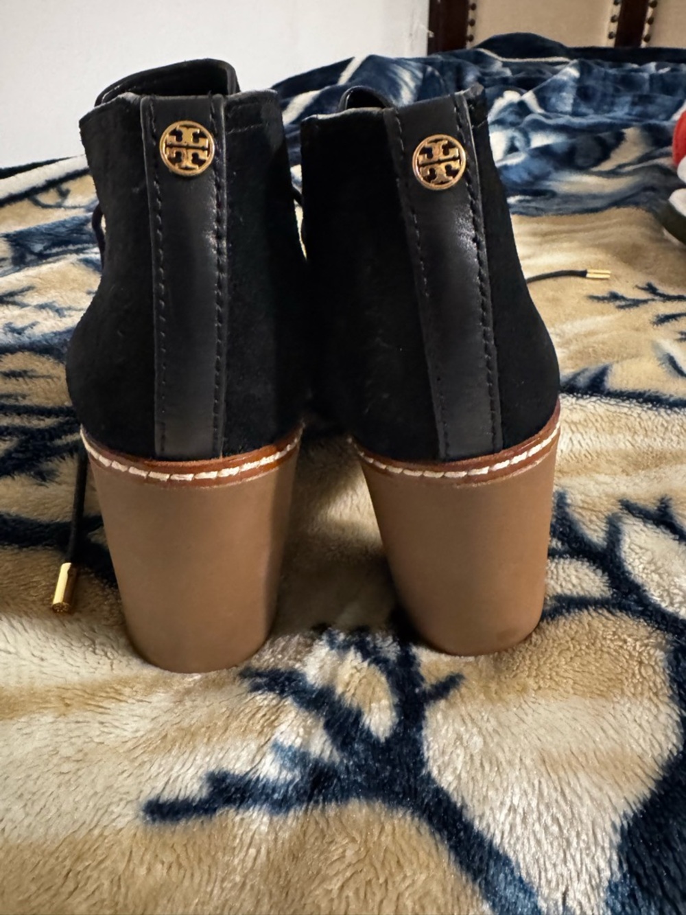 Tory Burch Black Suede Ankle Boots with Tan Block Heel